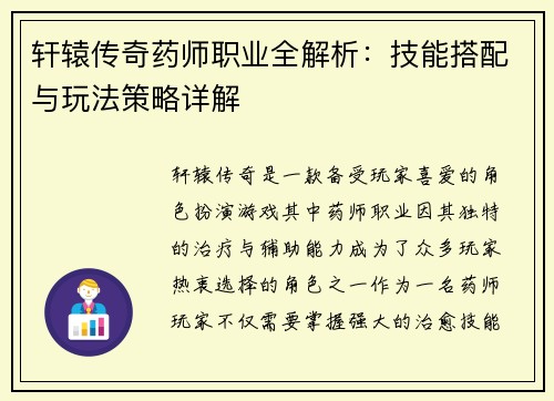 轩辕传奇药师职业全解析：技能搭配与玩法策略详解